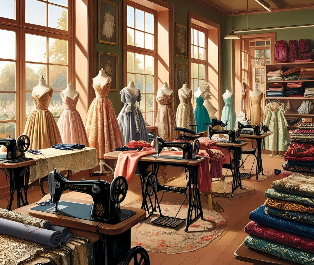 Atelier de couture : machine, tissus, ambiance chaleureuse